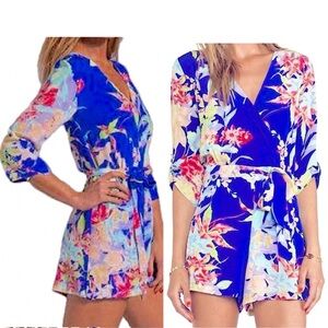 NWT Yumi Kim Blue Hawaii Floral Shorts Romper 3/4 Sleeve with Pockets & Belt XS